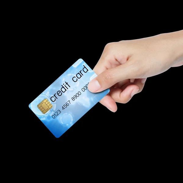 Mão dando cartão de crédito azul — Fotografia de Stock
