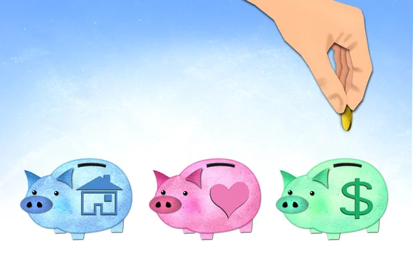 Mão colocando moeda para economizar dinheiro porquinho banco — Fotografia de Stock