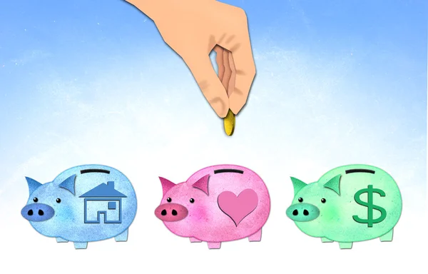 Hand putting coin to healthy piggy bank — Stock Photo, Image