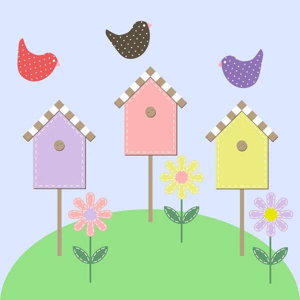 Birds over starling houses — Stock Vector