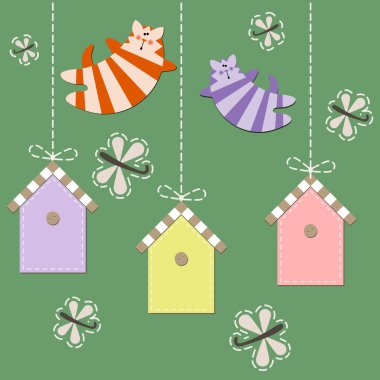 March cats fly over starling houses. clipart