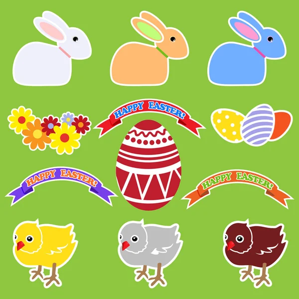 Zestaw elementów na Wielkanoc: króliki, kury, kwiaty, taśmy, jaja — Wektor stockowy