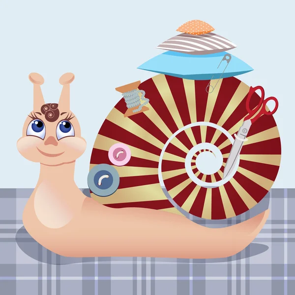Snail the seamstress with scissors, a pillow, a pin, buttons, threads. — Stock Vector