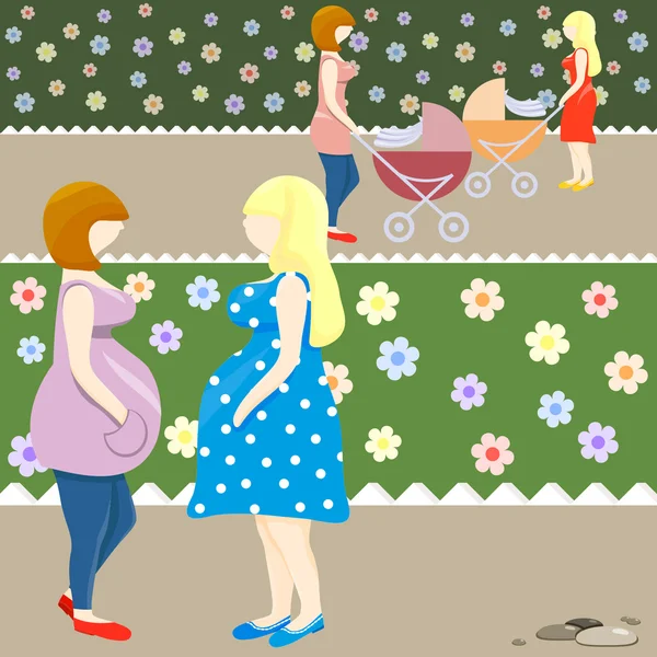 Illustration einer werdenden Mutter und einer Mutter mit Neugeborenem — Stockvektor