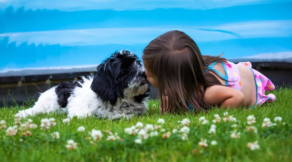Маленькая девочка и щенок целуются — стоковое фото