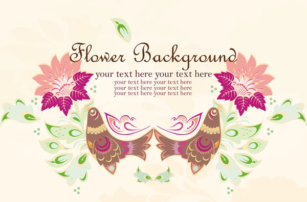 Cartão postal floral vetorial com pássaros — Vetor de Stock