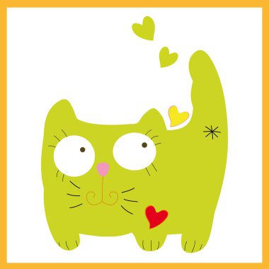 Vector green cat kitty pussicat sits with hearts. clipart
