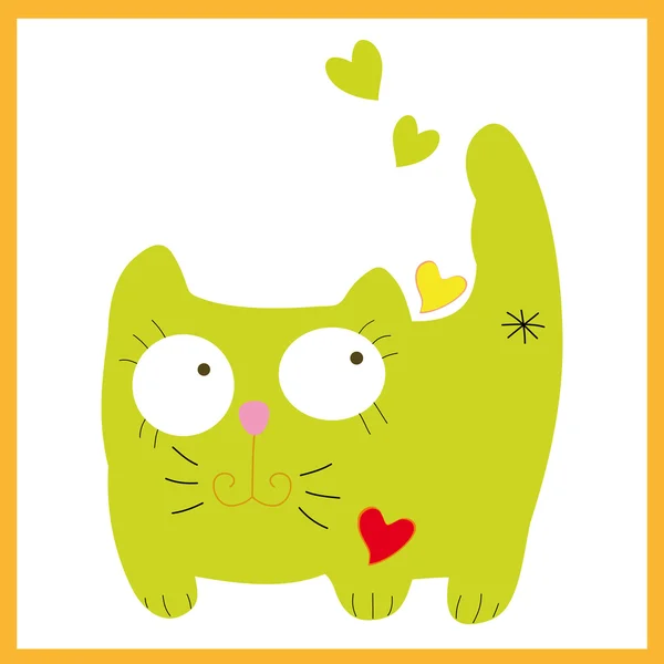 Vector green cat kitty pussicat sits with hearts. — Stock Vector
