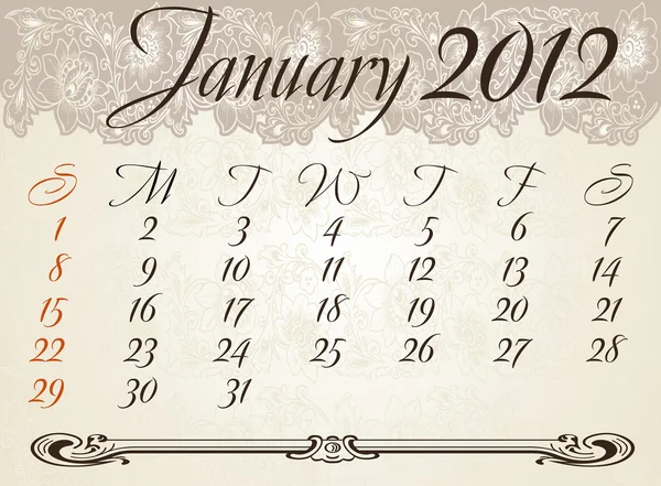 Vertikaler Kalender 2012 Jahr Januar — Stockvektor