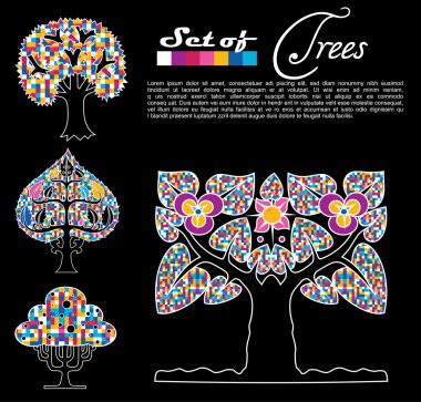 Set of abstract trees on black background clipart