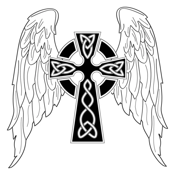 Zwarte kruis met vleugels op wit — Stockvector