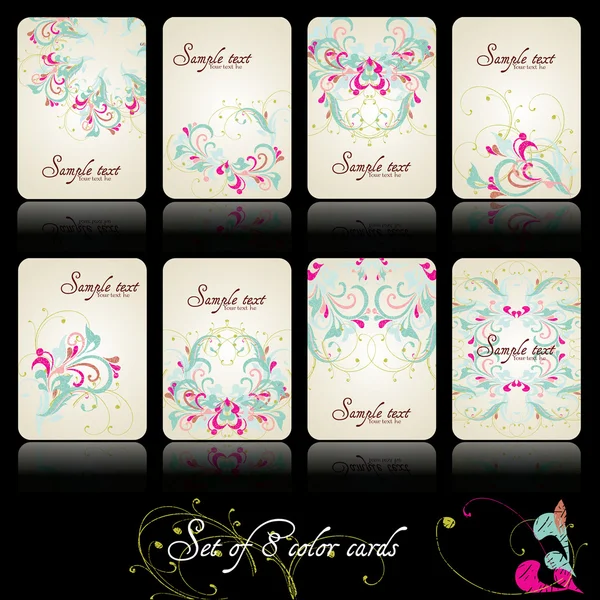 Set de ocho hermosas tarjetas florales y vintage — Vector de stock