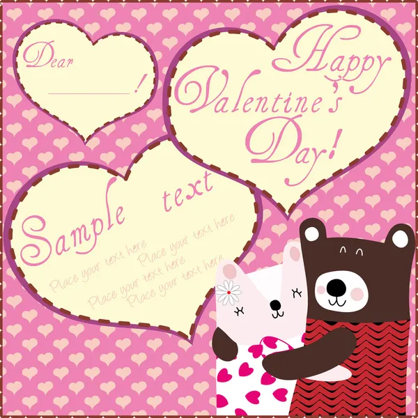 Tarjeta de felicitación de San Valentín con dos bonitos osos de peluche enamorados — Vector de stock