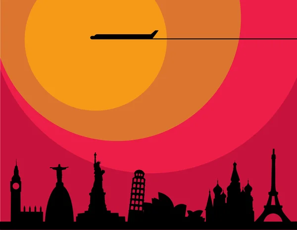 Vliegtuig vliegt over de steden bij zonsondergang — Stockvector