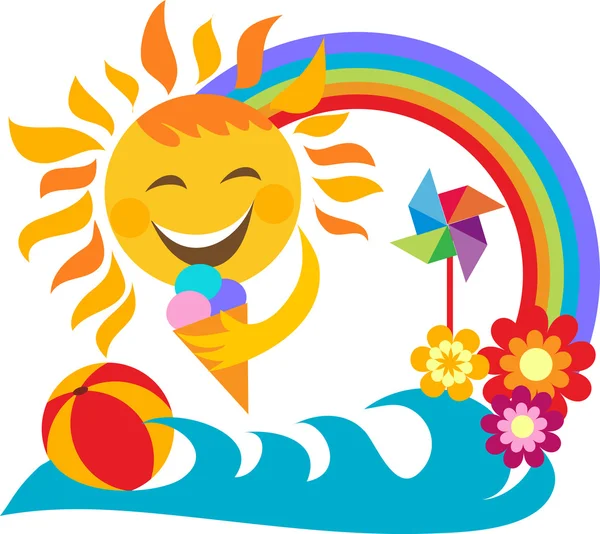 Летние каникулы; счастливое солнце с мороженым — стоковый вектор
