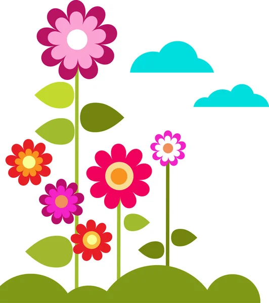 Λιβάδι με τα λουλούδια και σύννεφα — Διανυσματικό Αρχείο