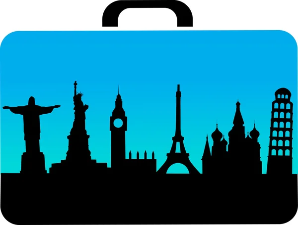 Reisekoffer mit Ikonen der Städte — Stockvektor