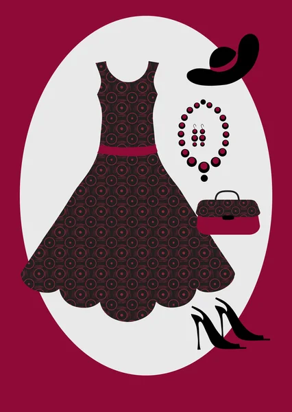 Ρομαντικό φόρεμα, κολιέ, παπούτσι και τσάντα — Διανυσματικό Αρχείο