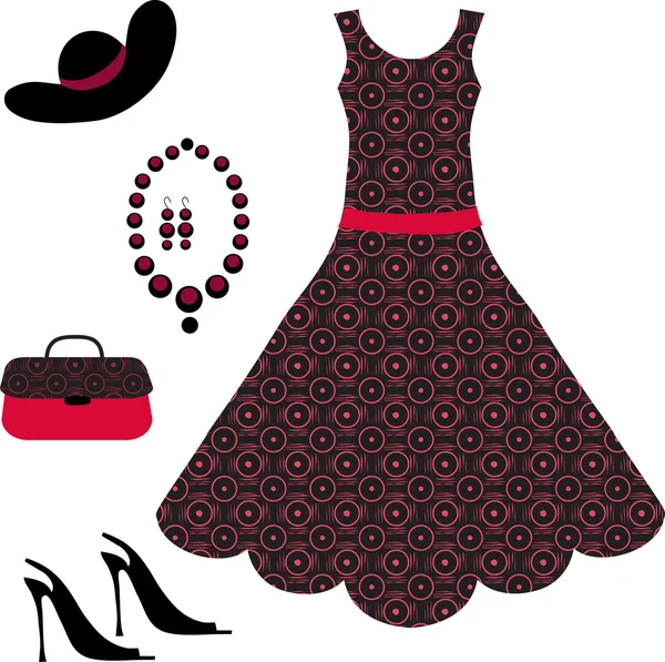 ロマンチックなドレス、ネックレス、靴、ハンドバッグ — ストックベクタ