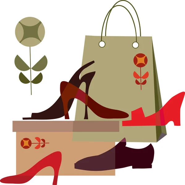 Παπούτσι που ψωνίζει, τσάντα για ψώνια και διαφορετικά παπούτσια — Διανυσματικό Αρχείο