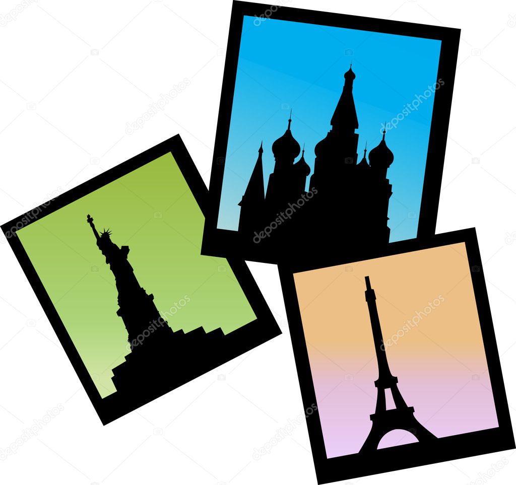 Three pictures of Moscow, Paris and NY icons