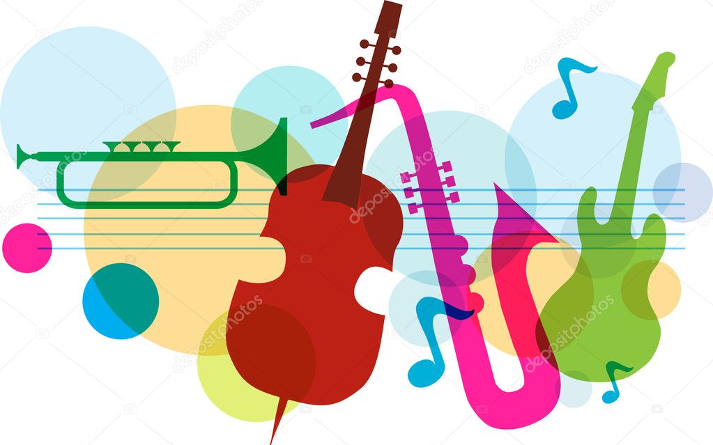 Music template with notes, guitar and saxophone