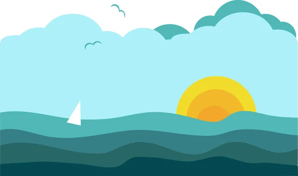 Ηλιόλουστη θέα του ωκεανού με Ιστιοφόρο σκάφος, εικονογράφηση φορέας — Διανυσματικό Αρχείο