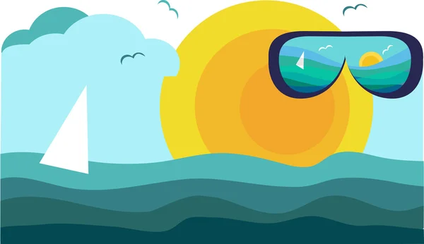 Vista soleada del océano con yate de vela, ilustración vectorial — Vector de stock