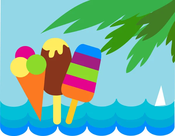 海とヤシの背景にカラフルなアイスクリーム — ストックベクタ