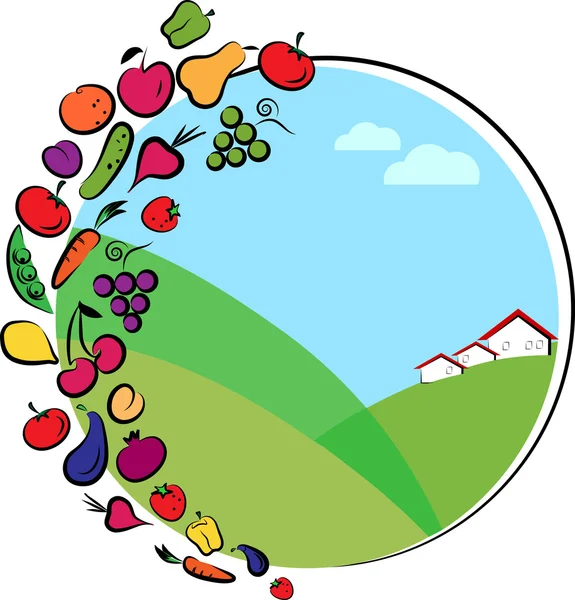 Jarní louka krajinu s ikonami zeleniny a ovoce — Stockový vektor