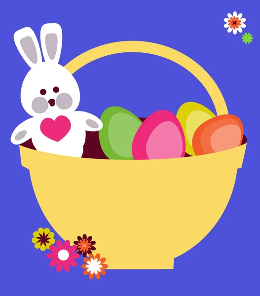 Cesta de Pascua llena de huevos de colores y conejito de Pascua — Vector de stock