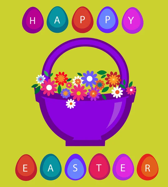复活节卡片模板-篮色的蛋和花 2 — 图库矢量图片
