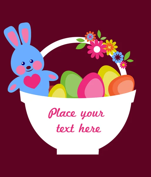 Cesta de Pascua llena de huevos de colores y conejito de Pascua — Vector de stock