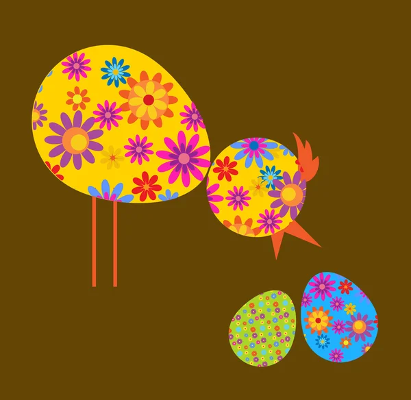 Easter eggs and chicken with flower texture. — Stock Vector
