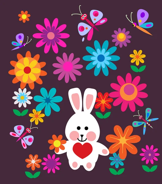 Tarjeta de Pascua con flores de primavera y conejito de Pascua — Archivo Imágenes Vectoriales