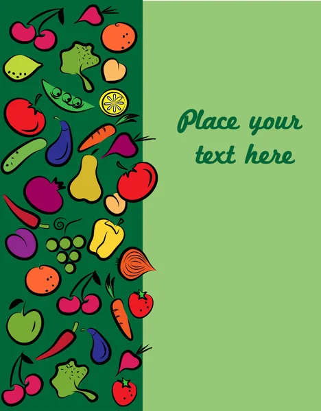 Gyümölcsök és zöldségek, a kártya-val egy hely a szöveg — Stock Vector