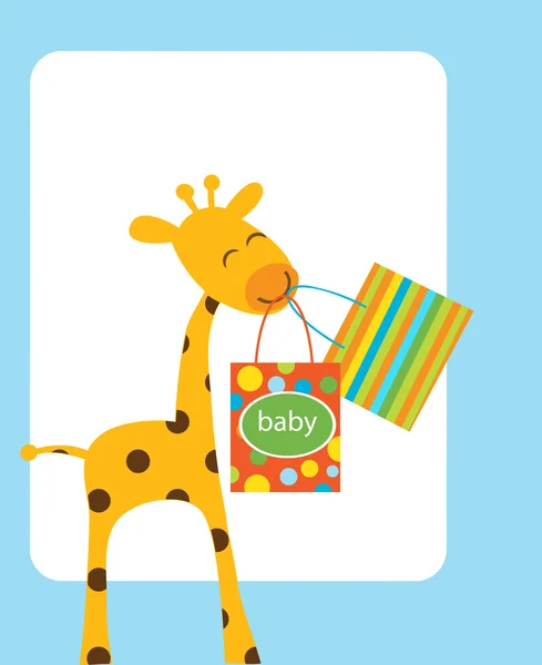 キリンの赤ちゃんのための買い物袋を保持しています。 — ストックベクタ