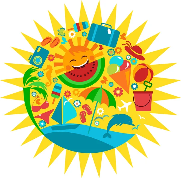 Sun with template of summer icons — Stock Vector