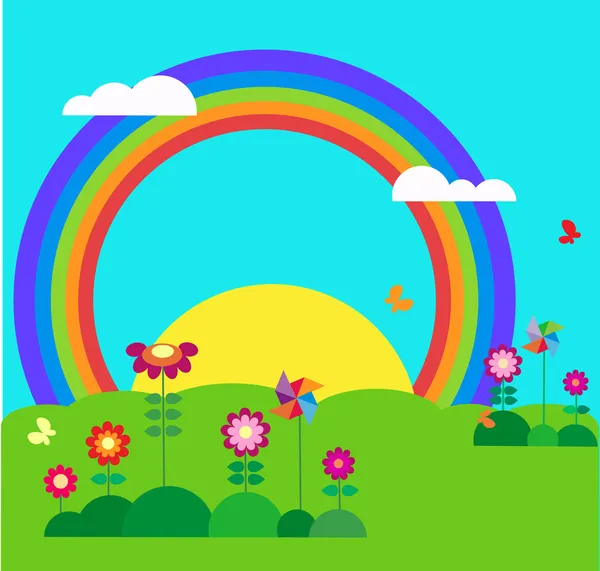 Jardín con mariposa, arco iris y flores — Archivo Imágenes Vectoriales