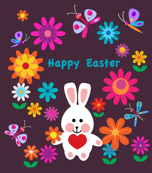 Tarjeta de Pascua con flores de primavera y conejito de Pascua — Vector de stock