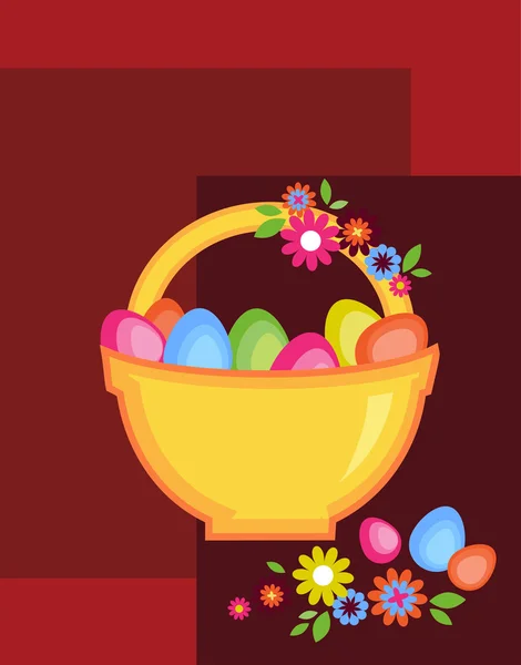 Пасхальная корзина, полная разноцветных яиц и цветов — стоковый вектор