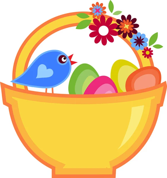 Easter greeting card with bird and basket full of eggs — Stock Vector