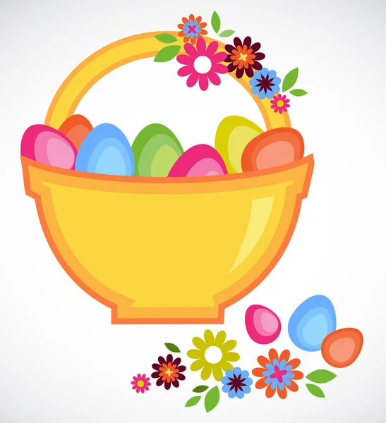 Великодній кошик повний барвистих яєць і квітів — стоковий вектор