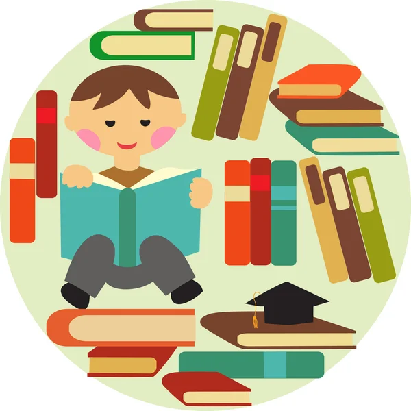 Boy reading on pile of books — Stock Vector