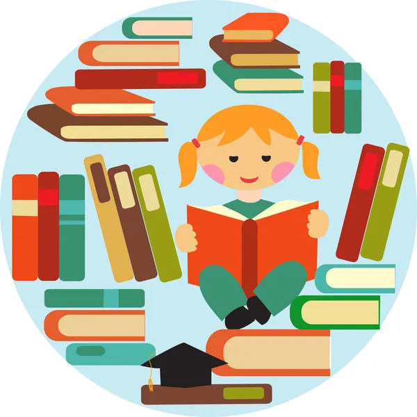 Mädchen liest auf Bücherstapel — Stockvektor