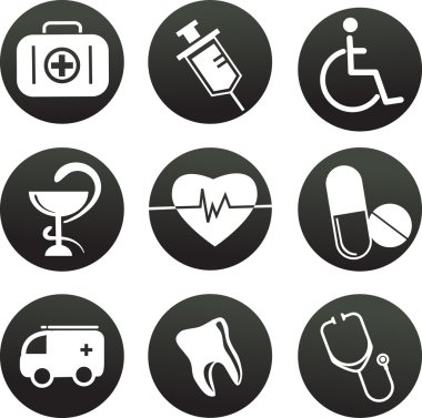 Collection of medical themed icons , black white clipart