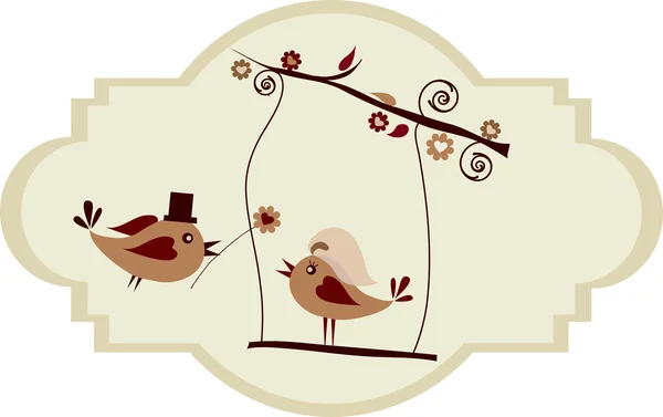 Tarjeta de boda; pájaro novio dando una flor — Vector de stock
