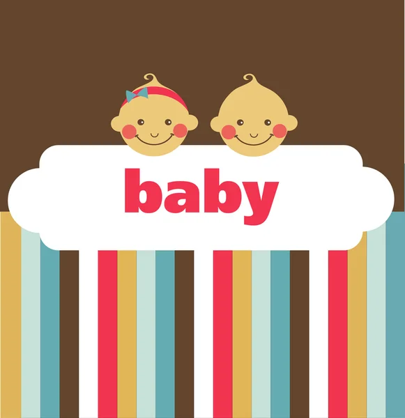 Cartão de bebê recém-nascido retro com menino e uma menina — Vetor de Stock