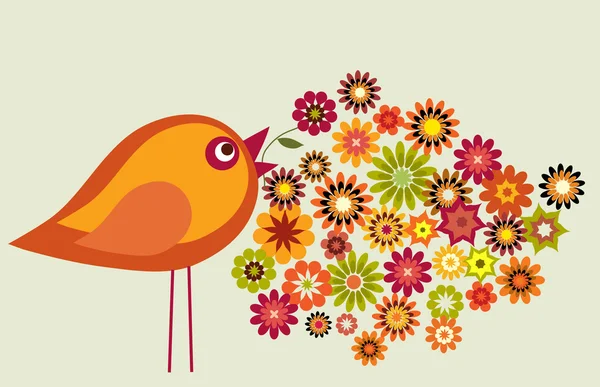 Jardín de flores de otoño con pájaro, ilustración vectorial — Vector de stock