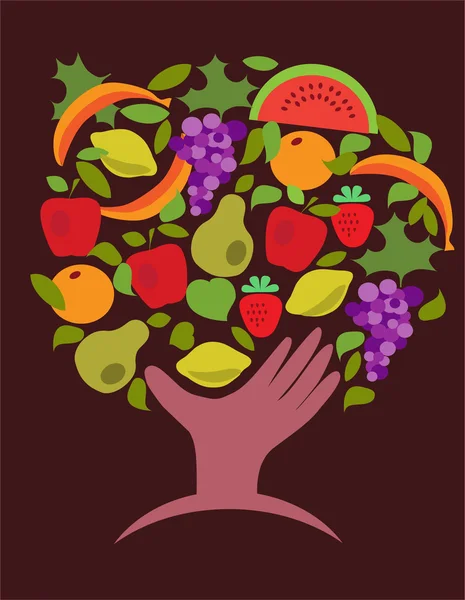 Ruka držící ovoce a zeleniny na zeleném pozadí — Stockový vektor